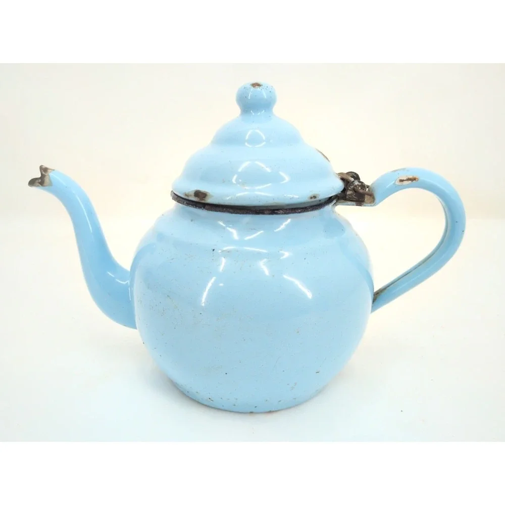 Farmhouse Cottagecore Blue Enamel Ware Teapot Hinged Lid Chippy Rustic Primitive